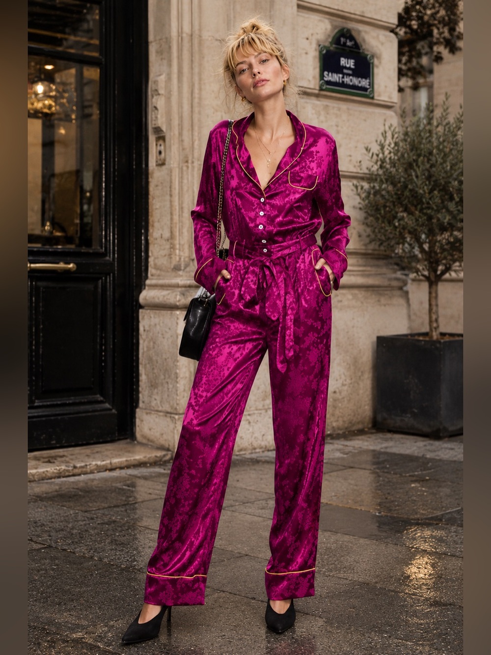 Free People Jumpsuit Satin Floral Jacquard Long Sleeve Belted RARE NWT